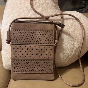 Elegant Tan Crossbody Bag with Perforated Design